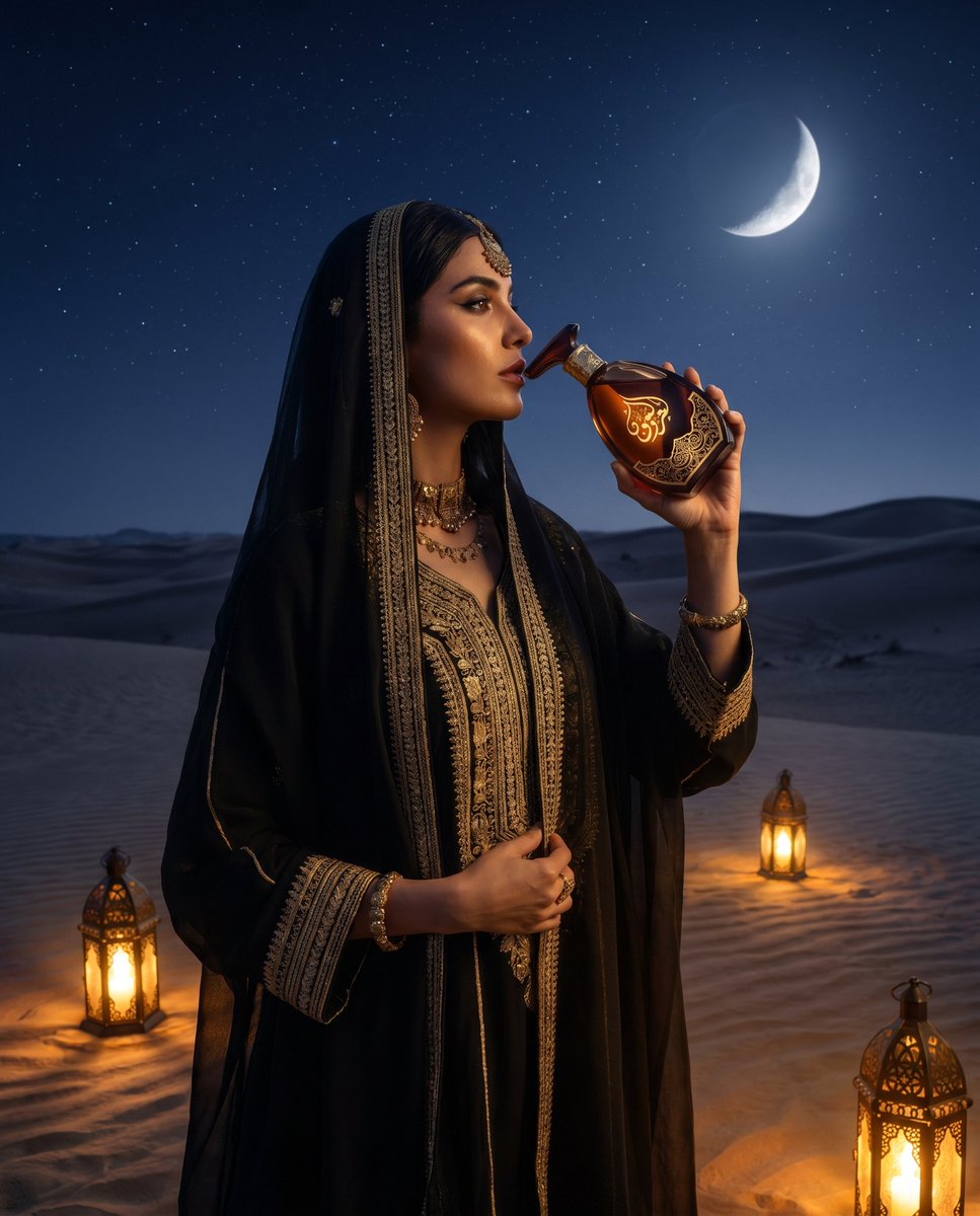 AI Prompt for Luxury Desert Product Ad with Female Model at Night