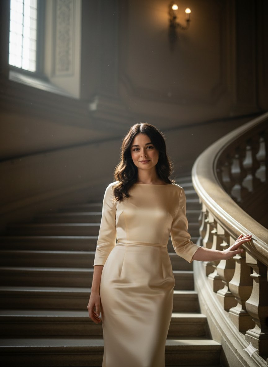 AI Prompt for Luxury Editorial Photography with Historic Staircase and Silk Gown