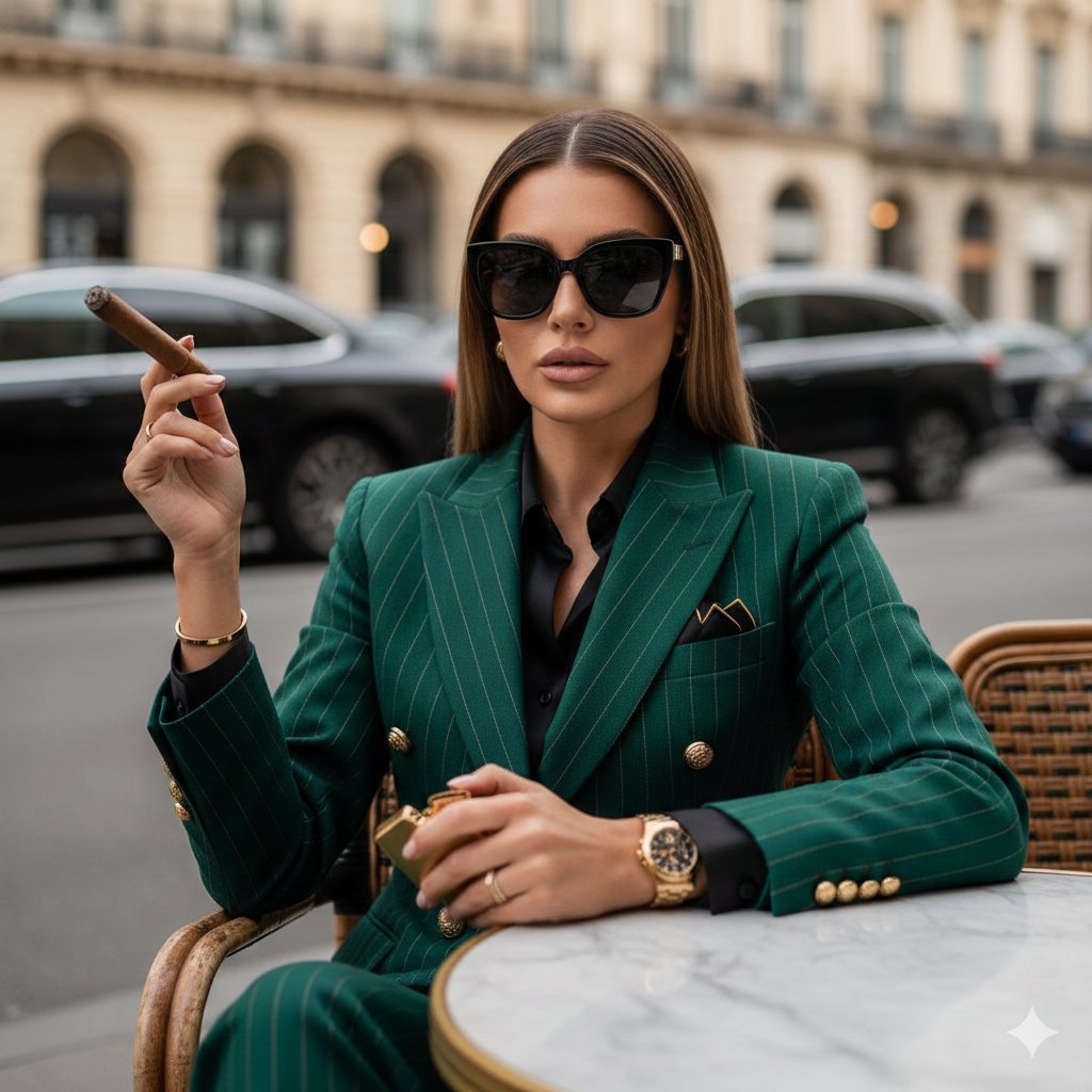 AI Prompt for Luxury Editorial Street Photography: Female Figure, Emerald Green Suit, High-End Café