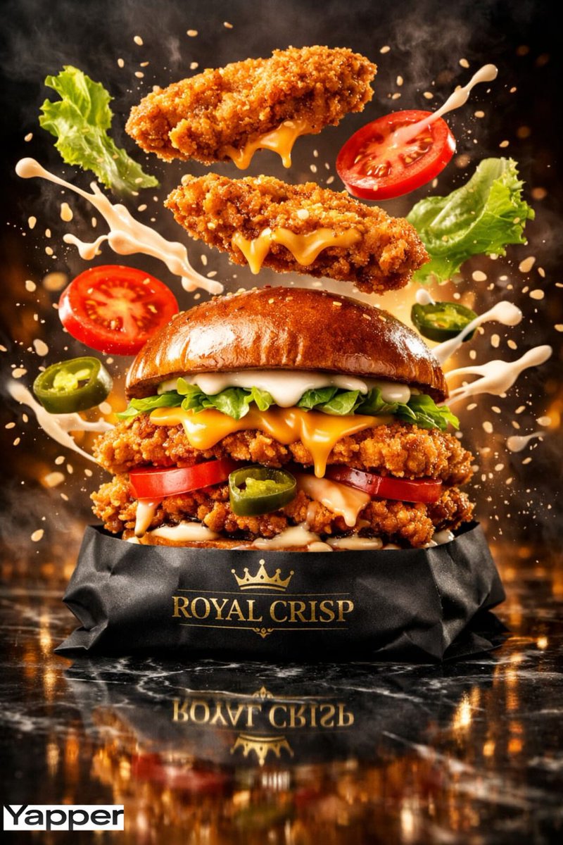 AI Prompt for Luxury Food Photography - High-End Chicken Burger Explosion in Cinematic Lighting