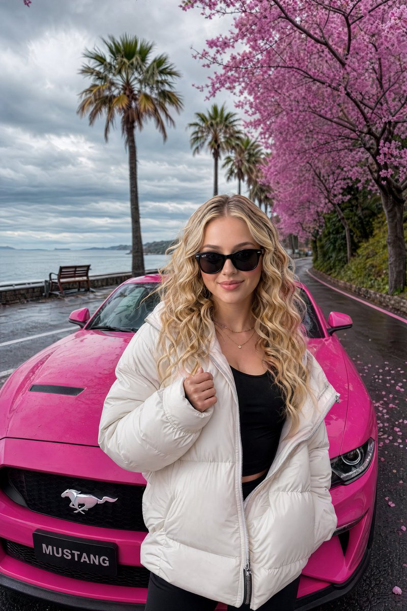 AI Prompt for Luxury Lifestyle Photography: Pink Mustang on Coastal Road