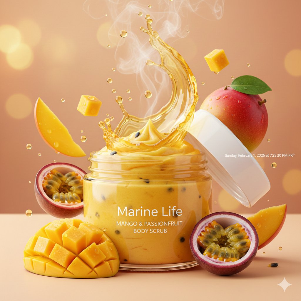 AI Prompt for Luxury Mango Body Scrub Product Images and Videos
