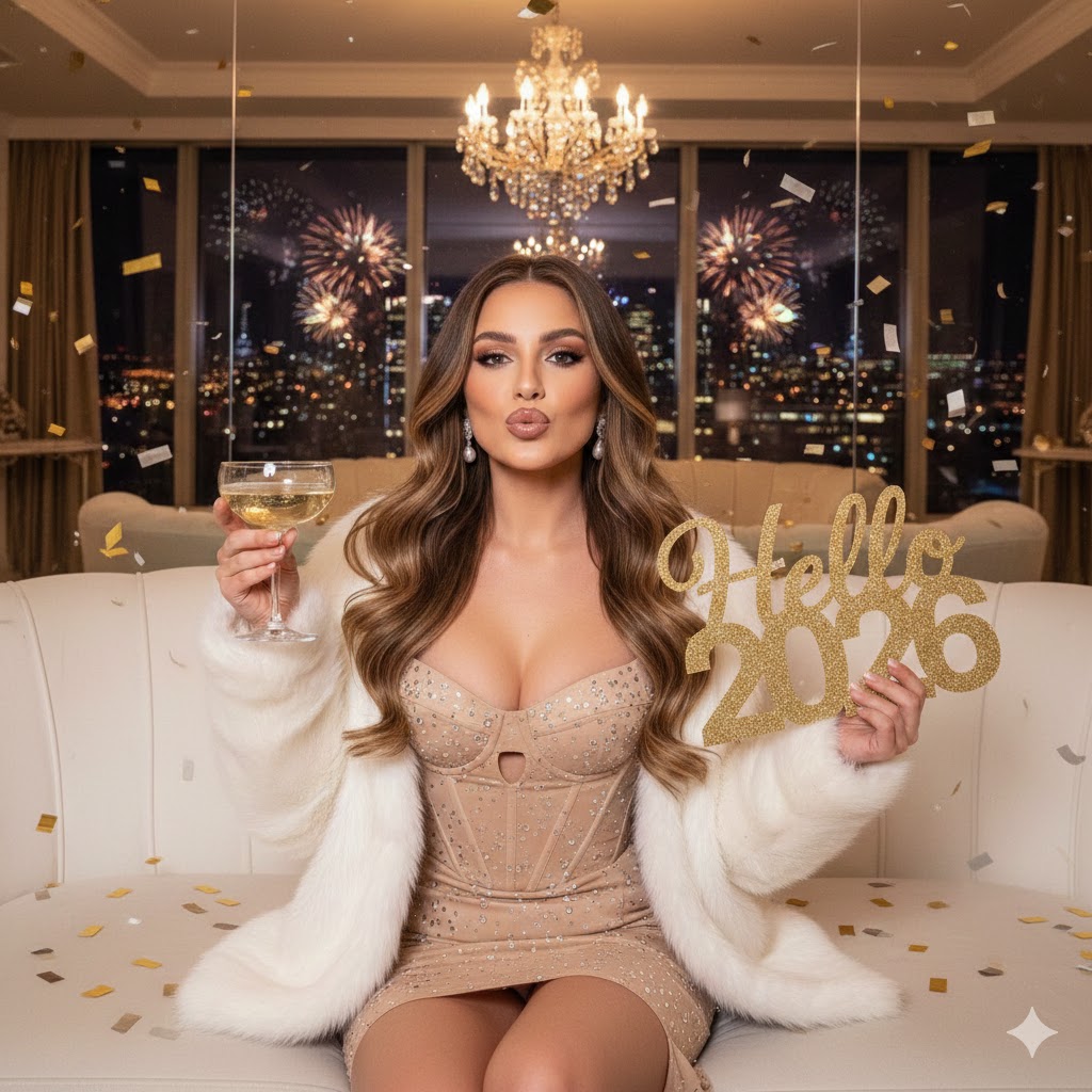AI Prompt for Luxury New Year's Eve Portrait with Glamorous Props