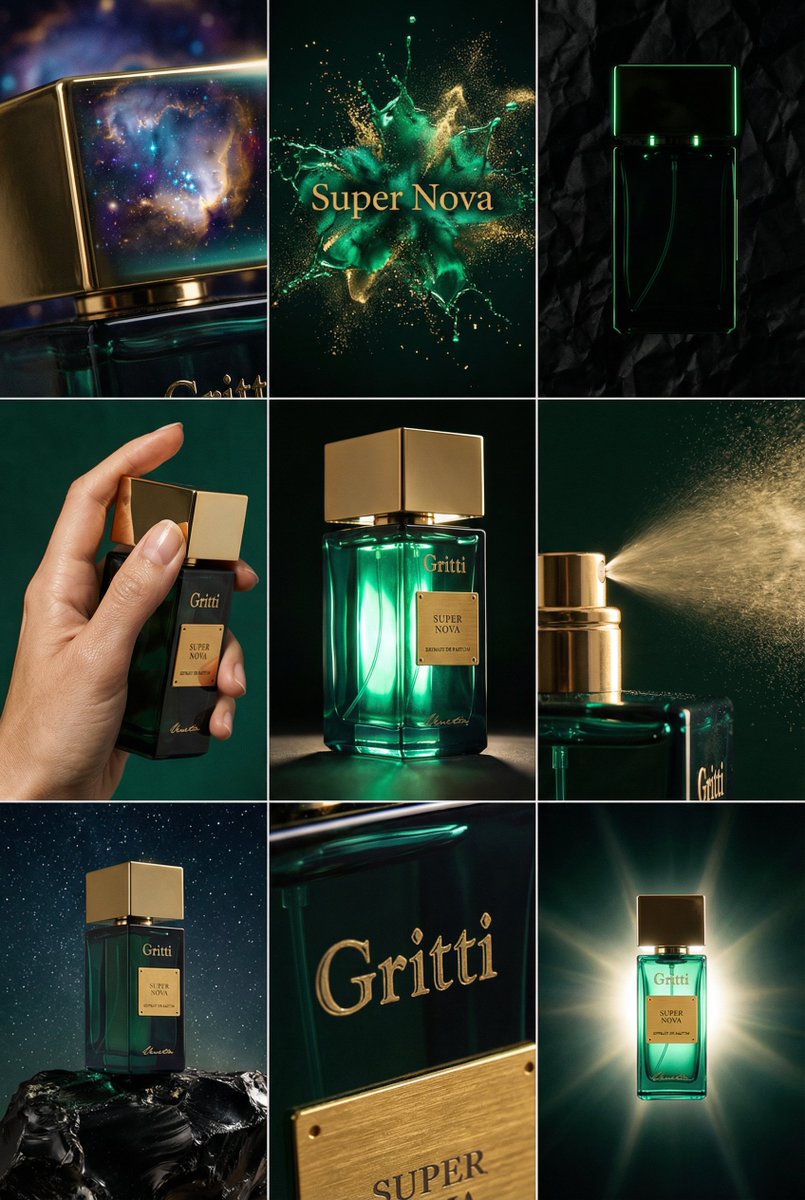 AI Prompt for Luxury Perfume Editorial Grid with Cosmic Lighting and Composition