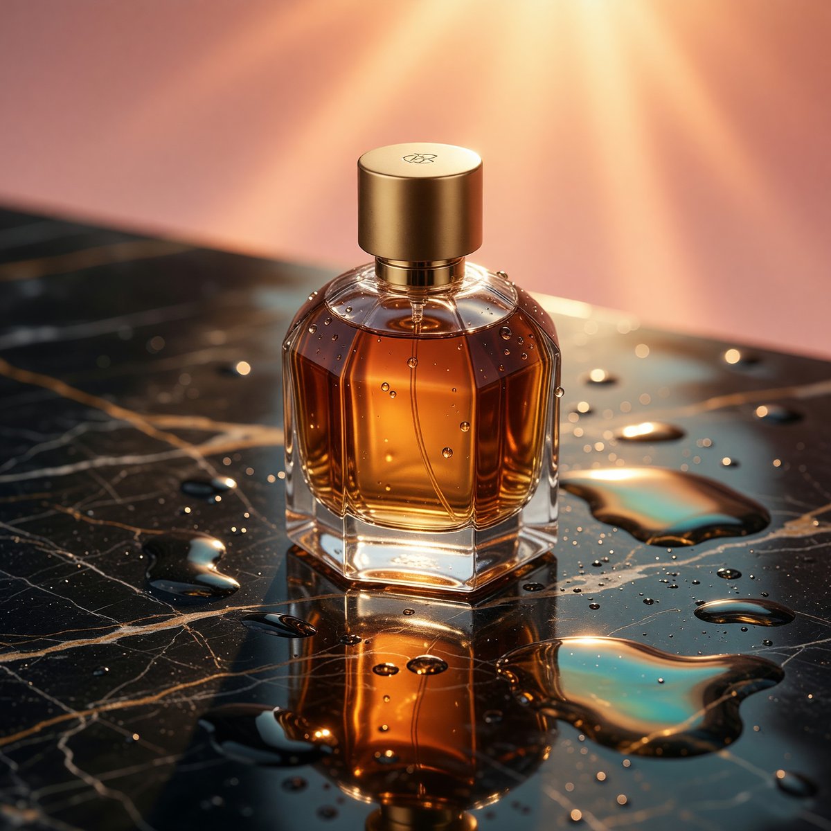 AI Prompt for Luxury Product Photography: Amber Perfume on Wet Marble with Golden-Hour Backlight and Caustic Reflections