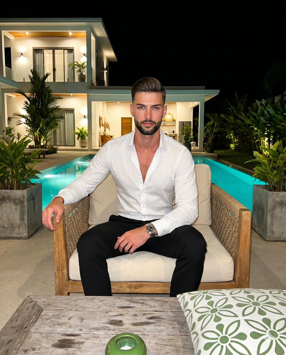 AI Prompt for Luxury Villa Evening Portrait with Professional Lighting