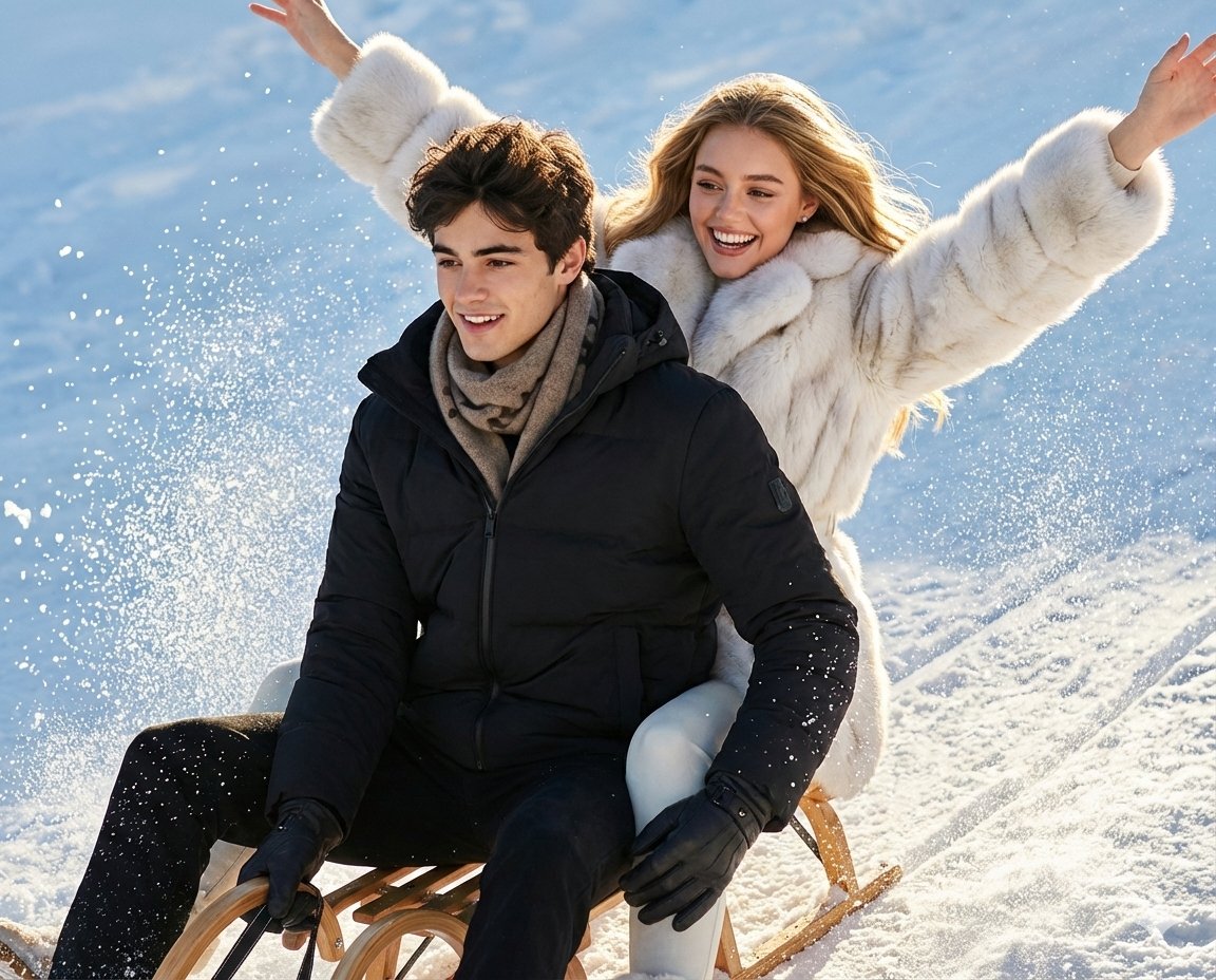 AI Prompt for Luxury Winter Couple Sledding Scene - Cinematic Photo