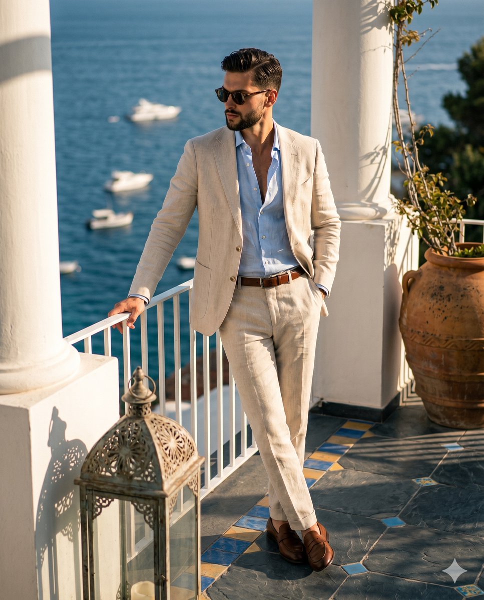 AI Prompt for Mediterranean Riviera Portrait in Linen Suit - Golden Hour Photography