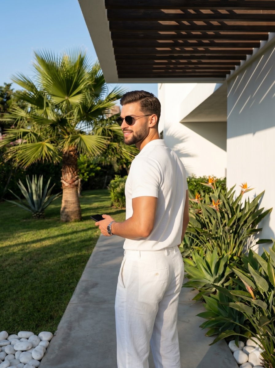 AI Prompt for Mediterranean Vacation Portrait: Tropical Garden and Influencer/Model in High-Contrast Setup