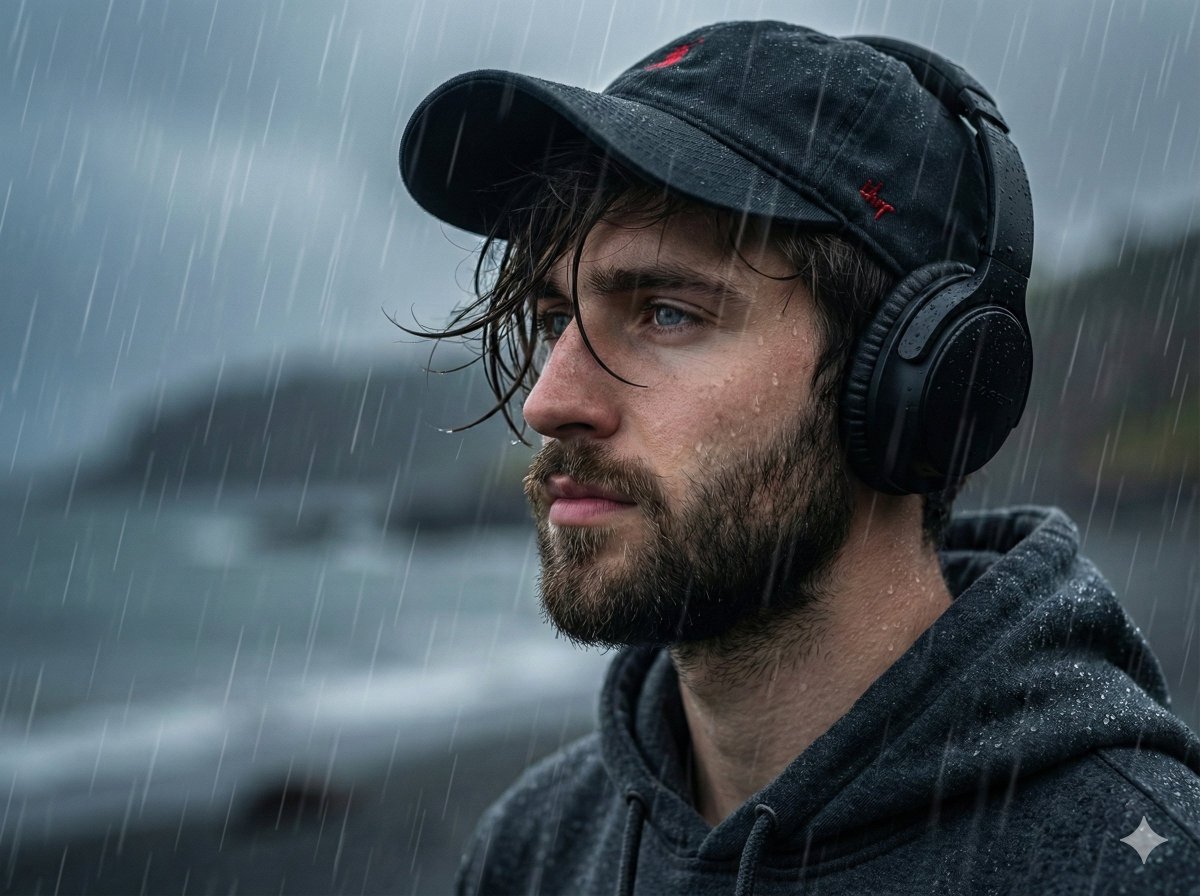 AI Prompt for Melancholic Coastal Portrait with Rainy Background