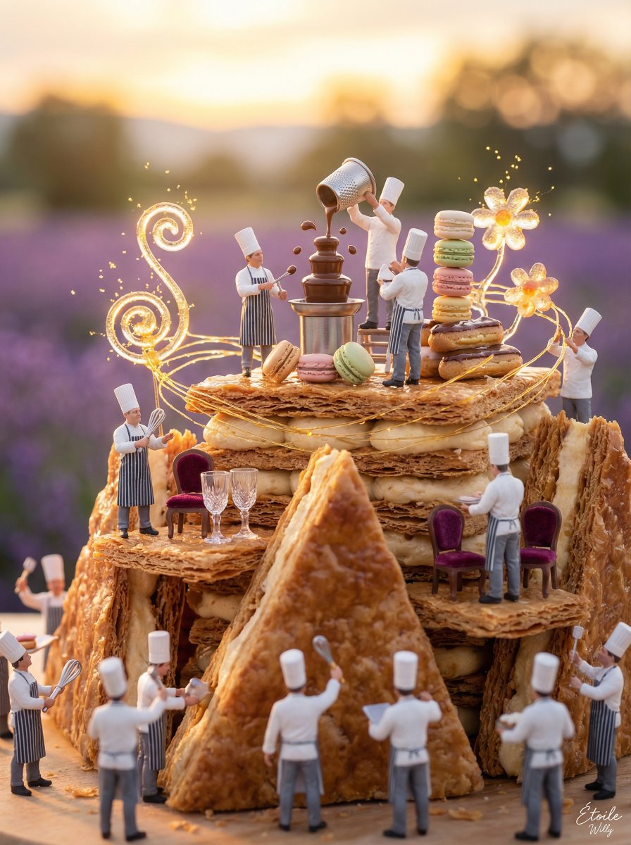 AI Prompt for Micro Diorama Photography: Miniature French Patisserie with Tiny Chefs