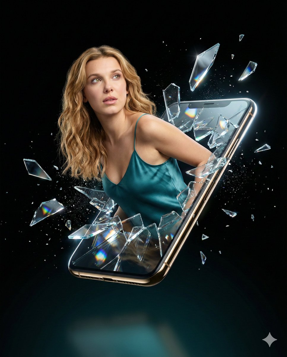 AI Prompt for Millie Bobby Brown Portrait with Exploding Glass Shards