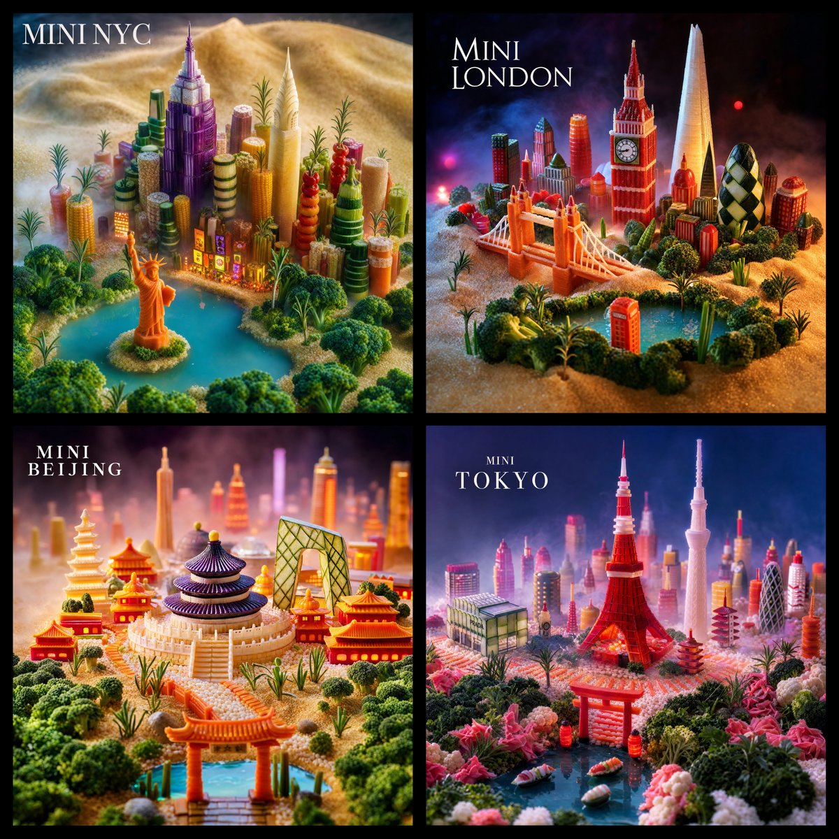 AI Prompt for Miniature Food Cityscapes with 3D Rendered Edible Skylines