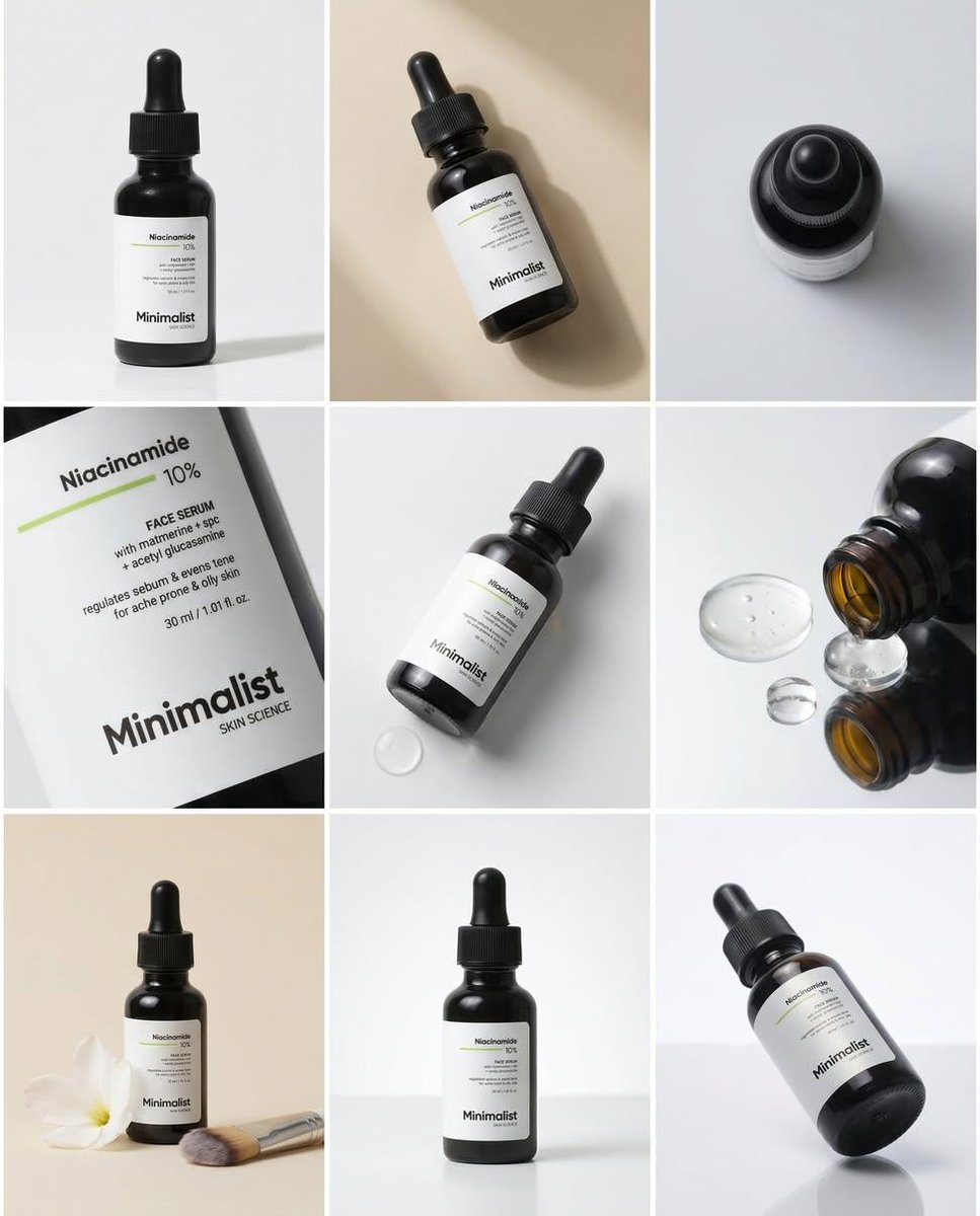 AI Prompt for Minimalist Serum Product Image: Niacinamide Serum Bottle Collage