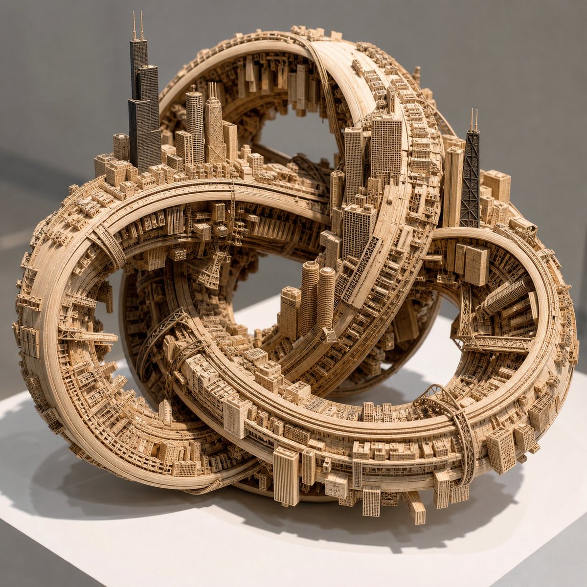AI Prompt for Minimalist Wooden Cityscapes with Impossible Knots
