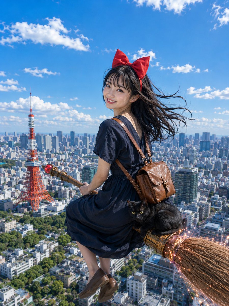 AI Prompt for Modern Japanese Witch Flying a Broom Over Tokyo Cityscape