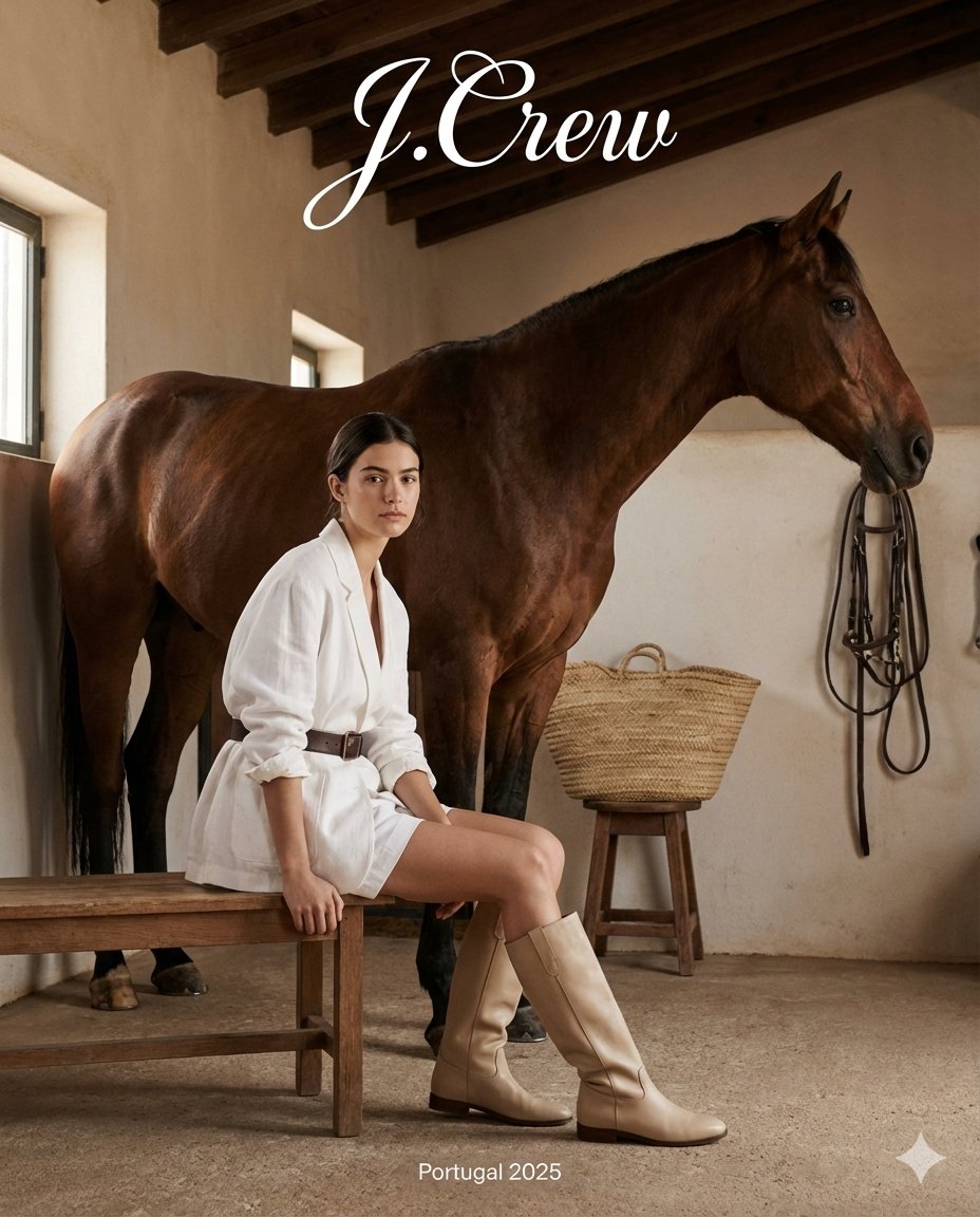 AI Prompt for Modern Rustic Fashion Photography with Horse and Model