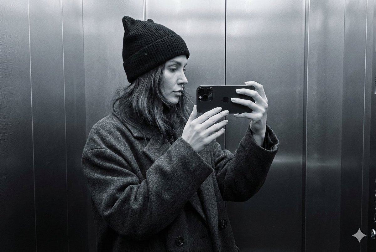 AI Prompt for Monochrome Profile Selfie with Cat-Ear Hat - Elevator Mirror Photo