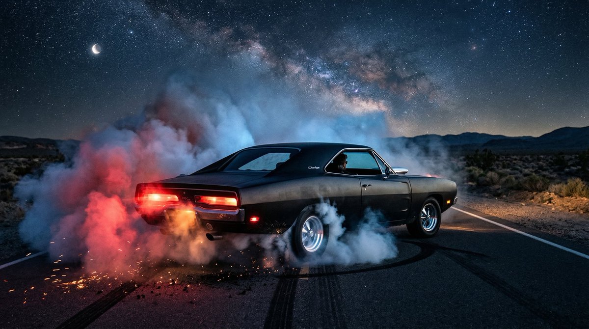 AI Prompt for Moody 1970 Dodge Charger Burnout in the Mojave Desert