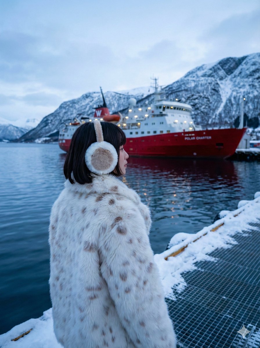 AI Prompt for Moody Cinematic Travel Photography with Snowy Harbor Setting