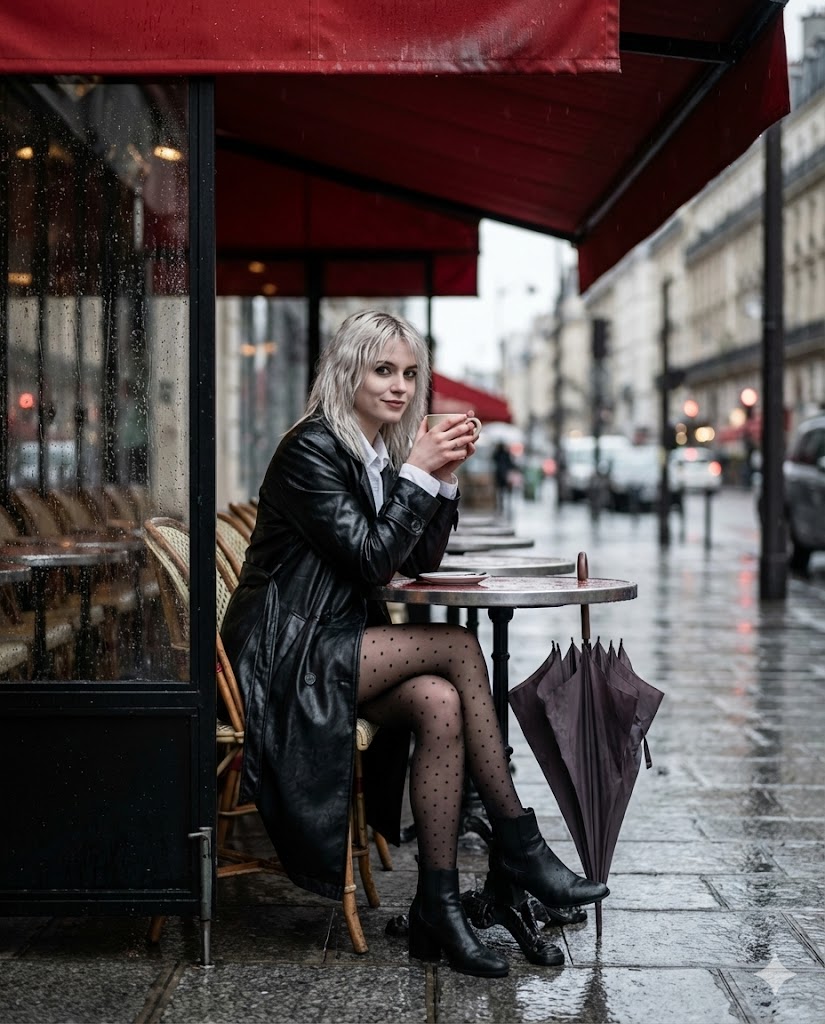 AI Prompt for Moody Parisian Cafe Street Photography with Young Woman
