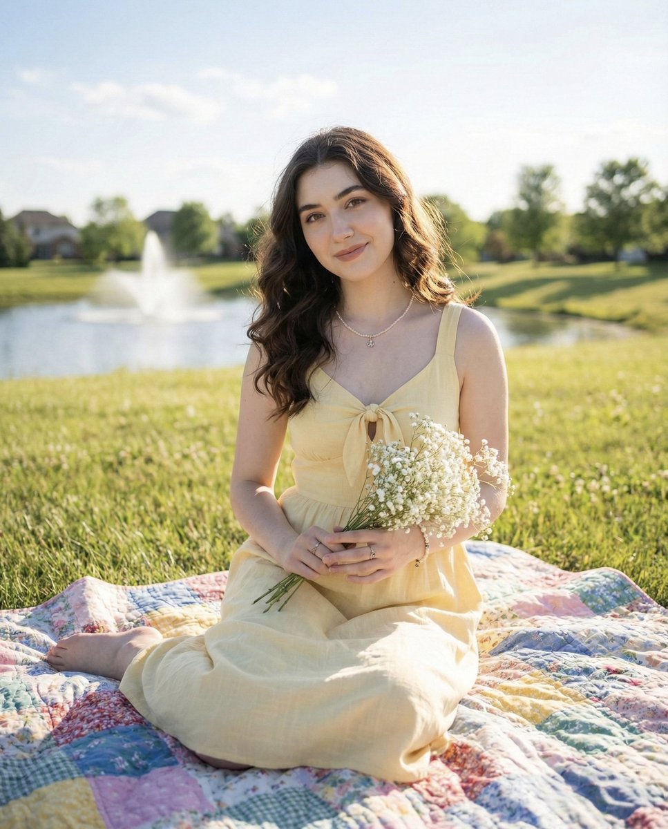 AI Prompt for Natural Outdoor Portrait of Young Woman on Picnic Blanket
