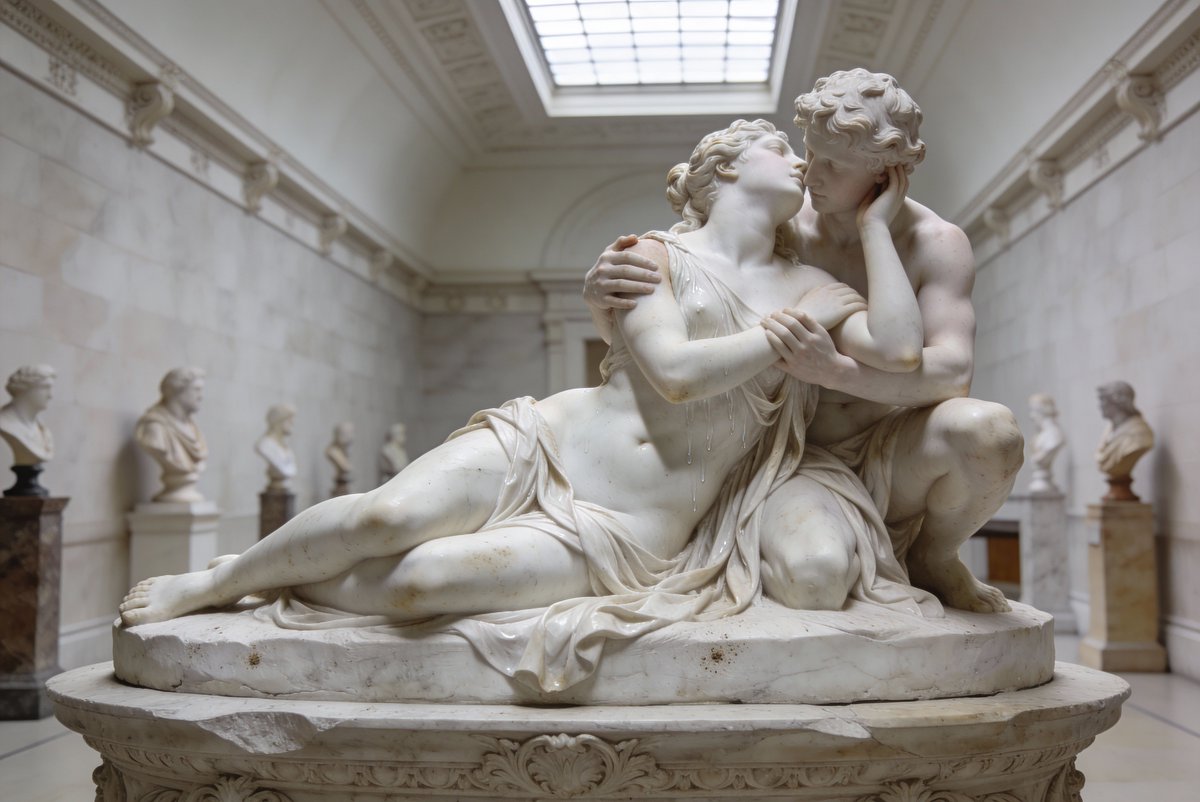 AI Prompt for Neo-Classical Marble Sculpture with Romantic Embrace