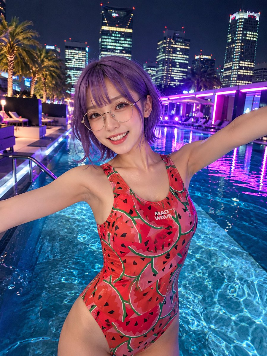 AI Prompt for Neon-Lit City Pool Portrait of a Woman in Watermelon Swimsuit