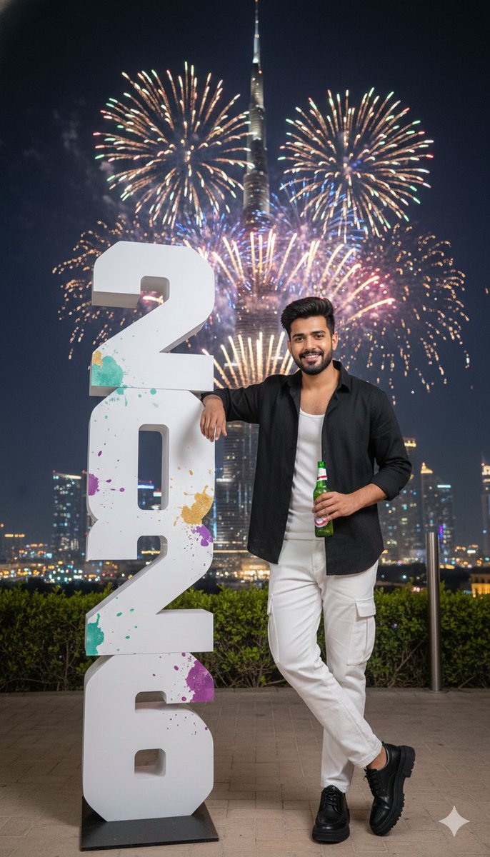 AI Prompt for New Year Celebration Image in Dubai with Indian Man and Burj Khalifa