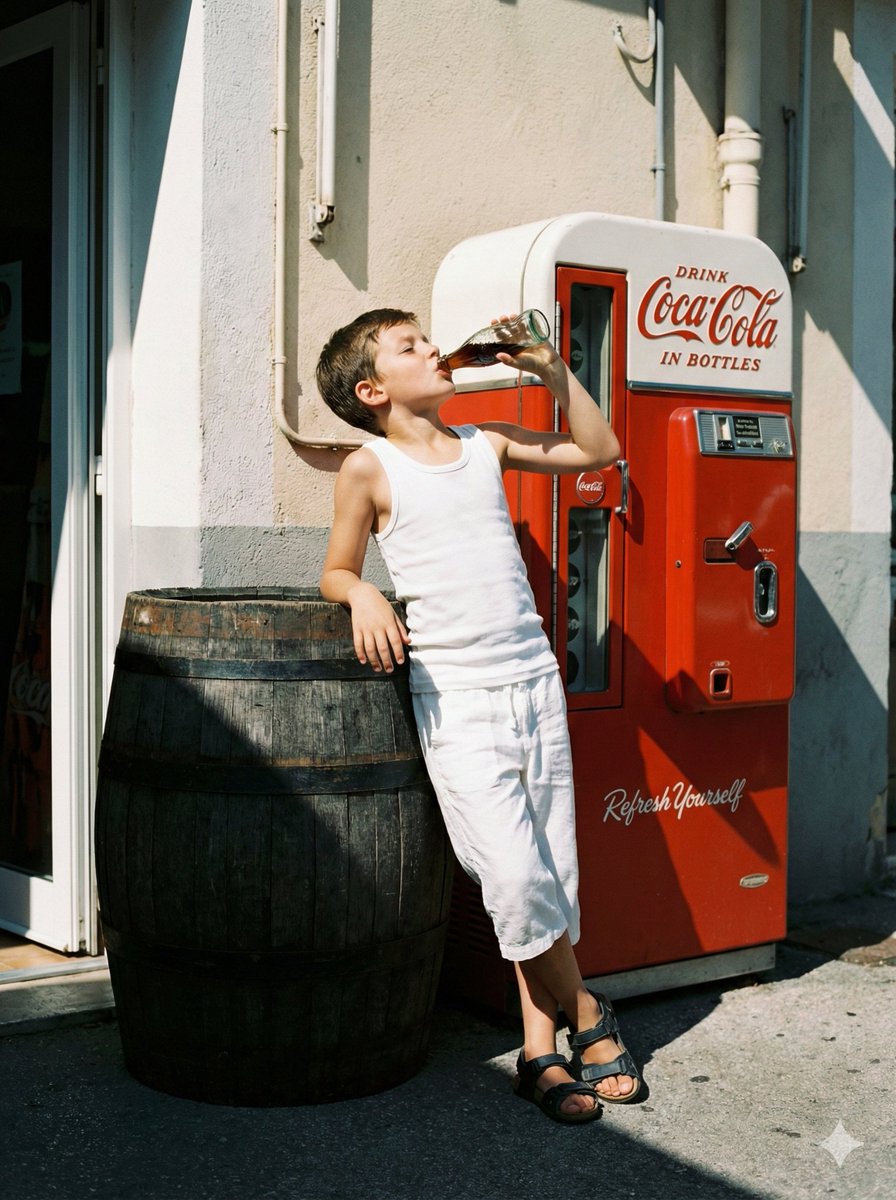 AI Prompt for Nostalgic Film Photo of Boy by Coca-Cola Vending Machine