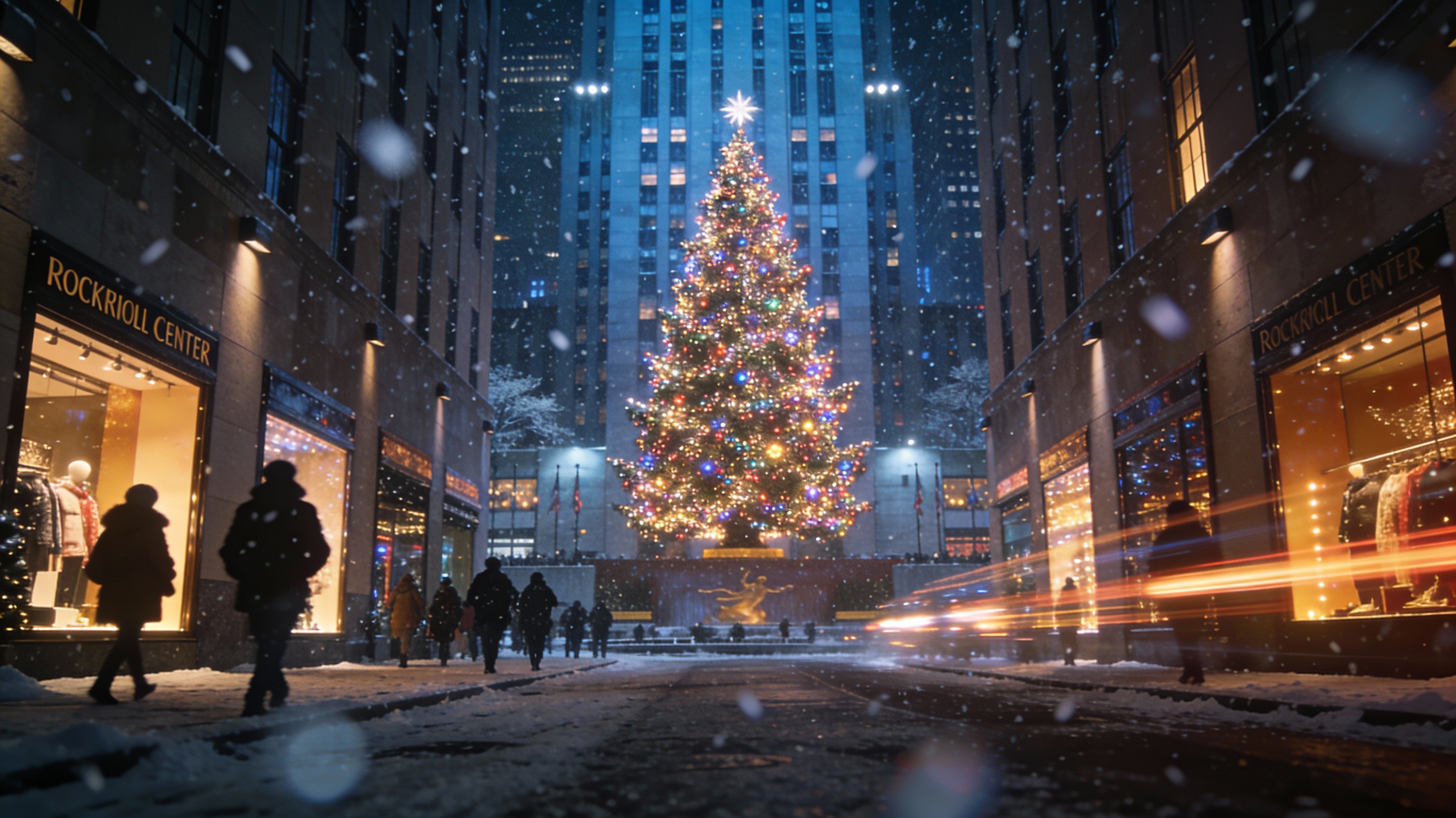 AI Prompt for NYC Christmas Night Scene with Rockefeller Tree and Snow