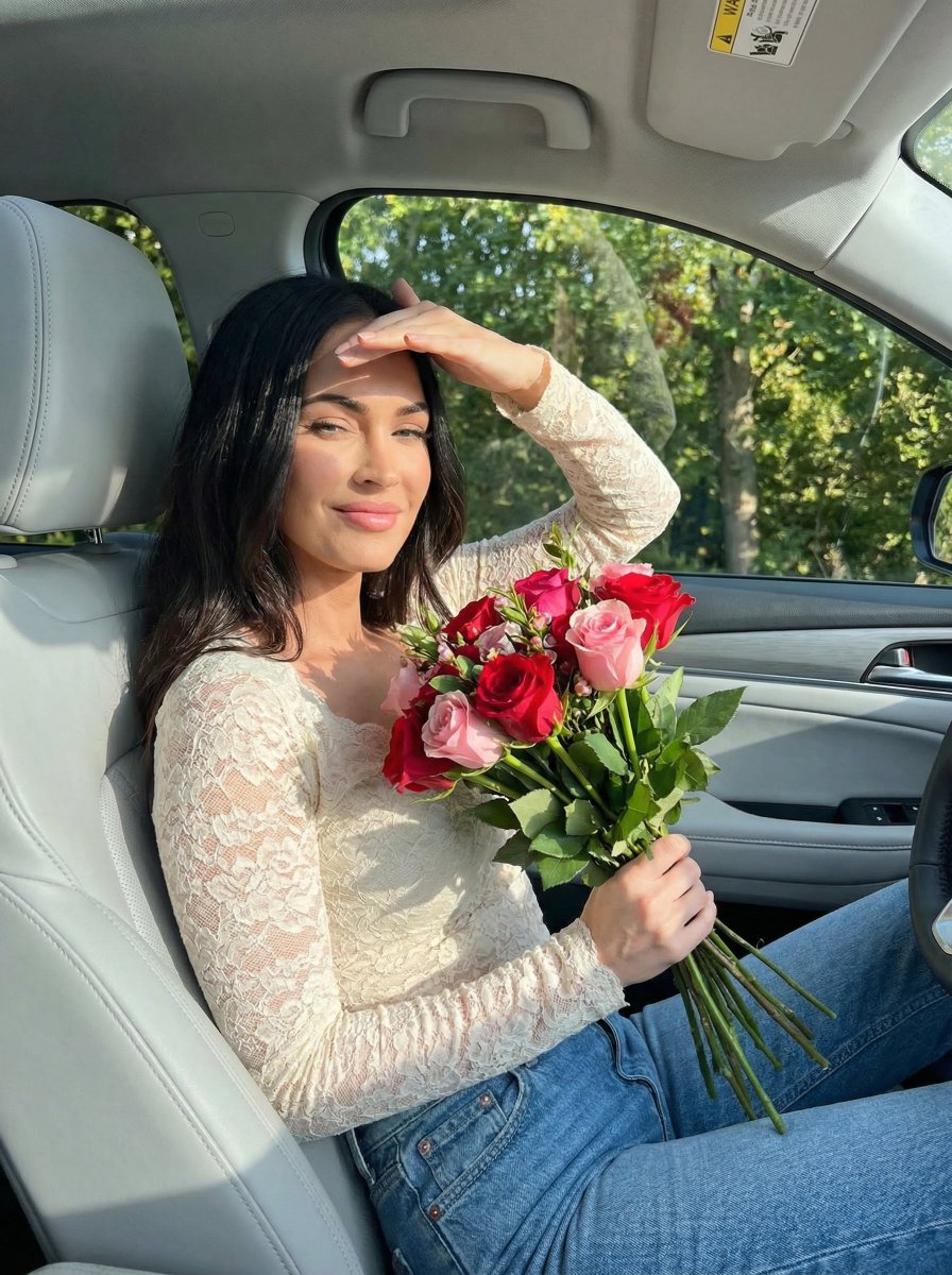 AI Prompt for Personalized Megan Fox Car Photo with Flowers