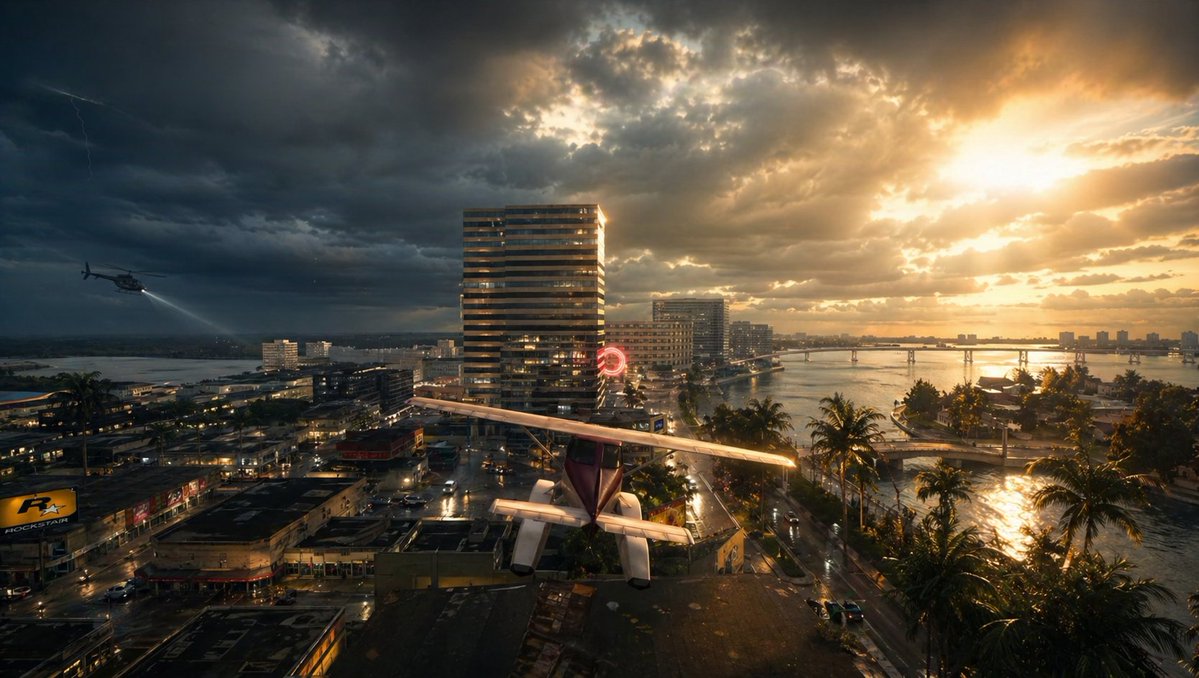 AI Prompt for Photoreal Cityscape with Stormy Skies and Rooftop Plane