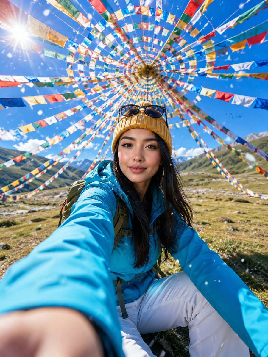AI Prompt for Photorealistic Alpine Meadow Selfie with Tibetan Prayer Flags