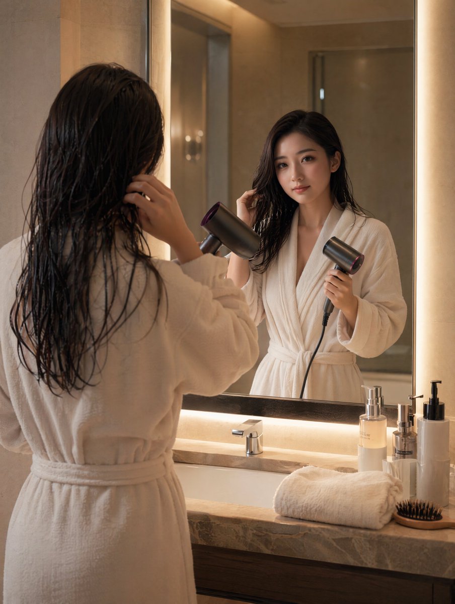 AI Prompt for Photorealistic Bathroom Scene: Drying Hair in Mirrored Luxurious Ambiance