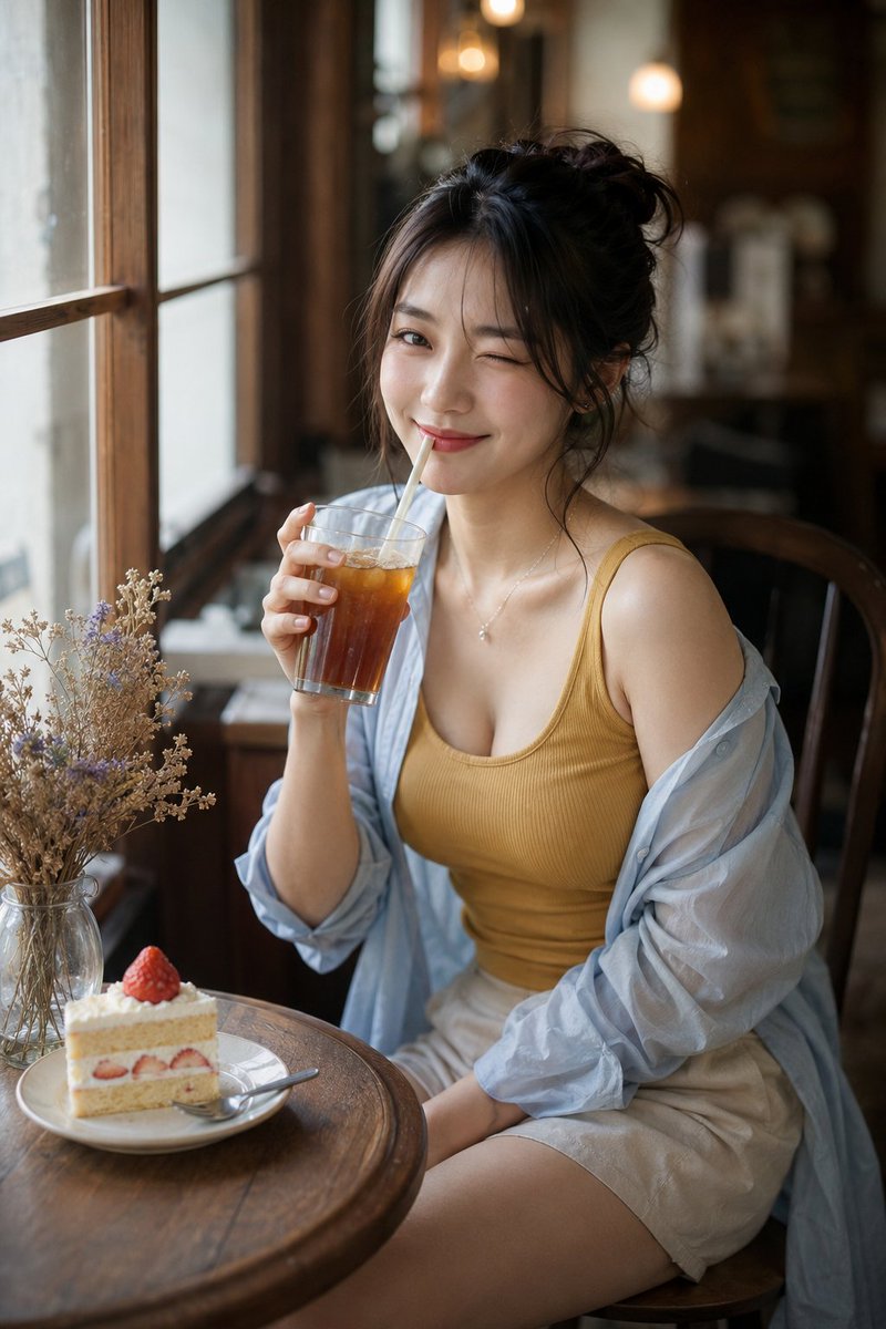 AI Prompt for Photorealistic Café Portrait with Seated Woman, Iced Tea, and Strawberry Shortcake