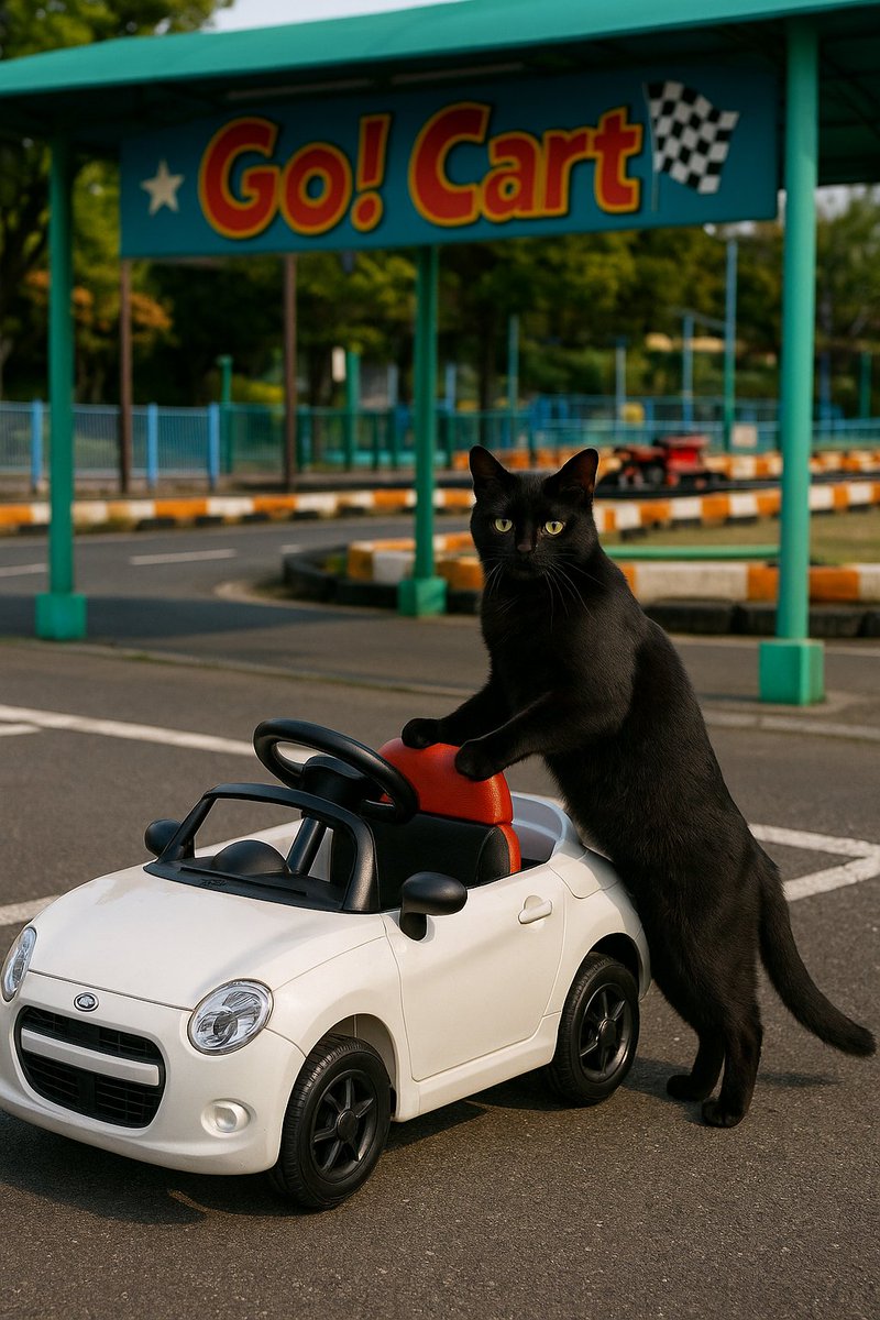 AI Prompt for Photorealistic Cat and Miniature Car Scene at Go-Kart Track