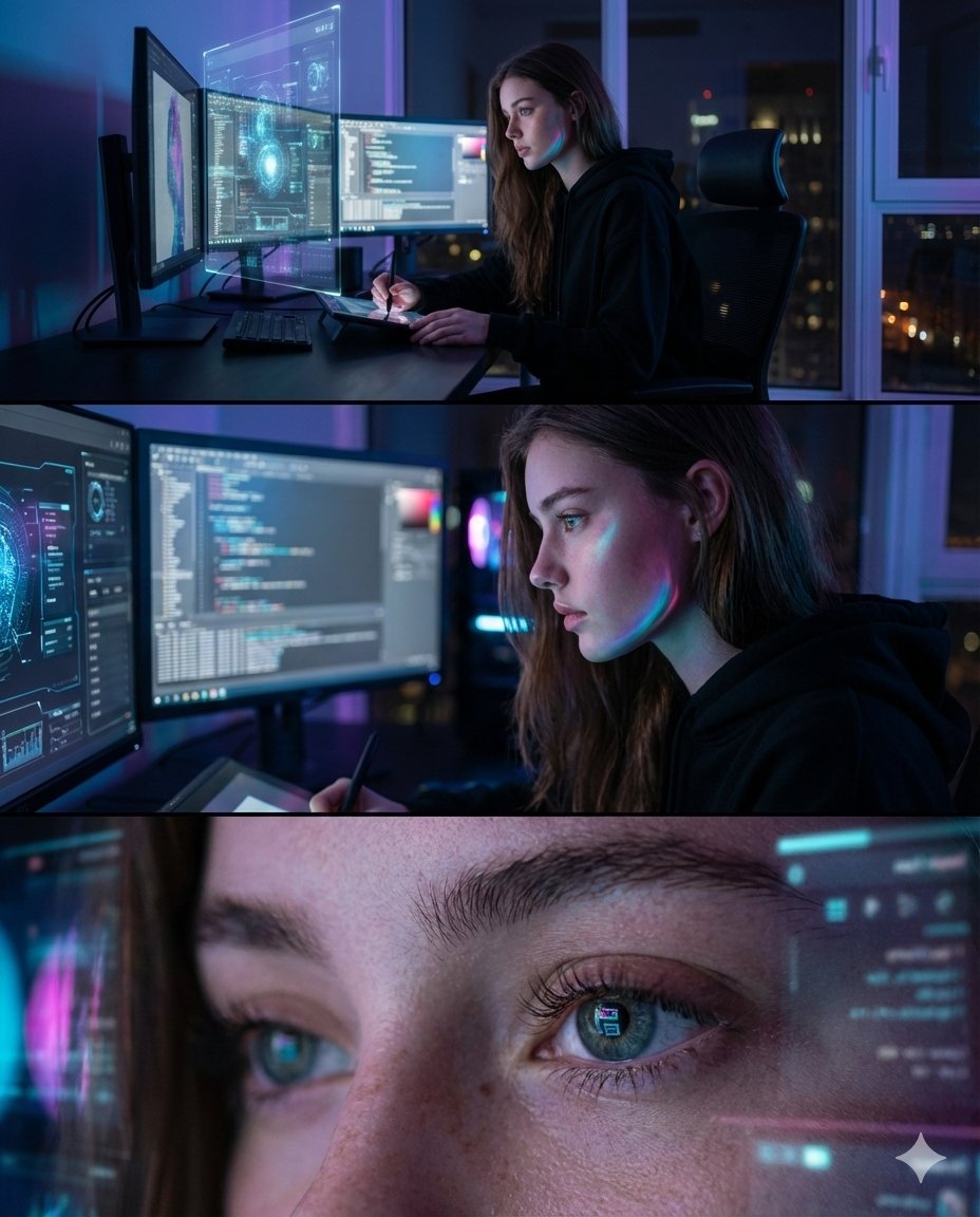 AI Prompt for Photorealistic Cyberpunk Portrait with Futuristic Workspace