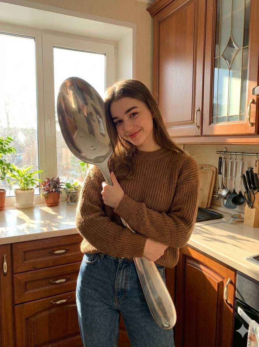 AI Prompt for Photorealistic Female Hugging Oversized Spoon in Kitchen
