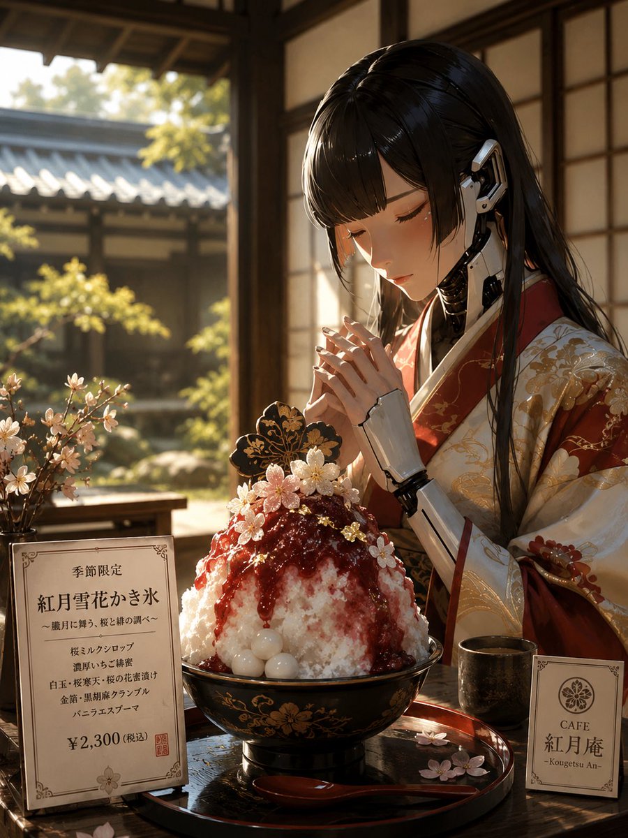 AI Prompt for Photorealistic Futuristic Japanese Cafe Scene with Android Kimono