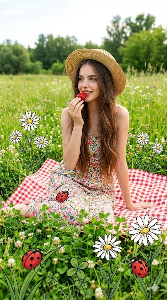 AI Prompt for Photorealistic Illustration of Woman in Meadow with Whimsical 2D Elements