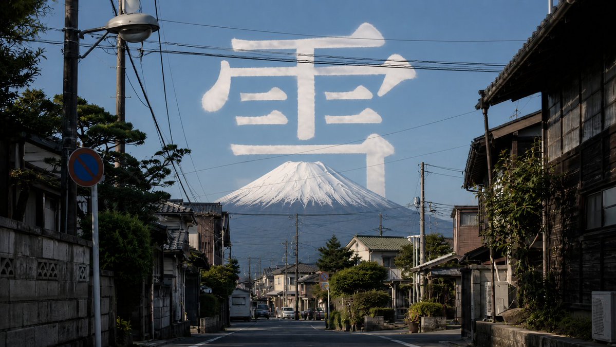 AI Prompt for Photorealistic Japanese Street Scene with Mount Fuji and Kanji Character