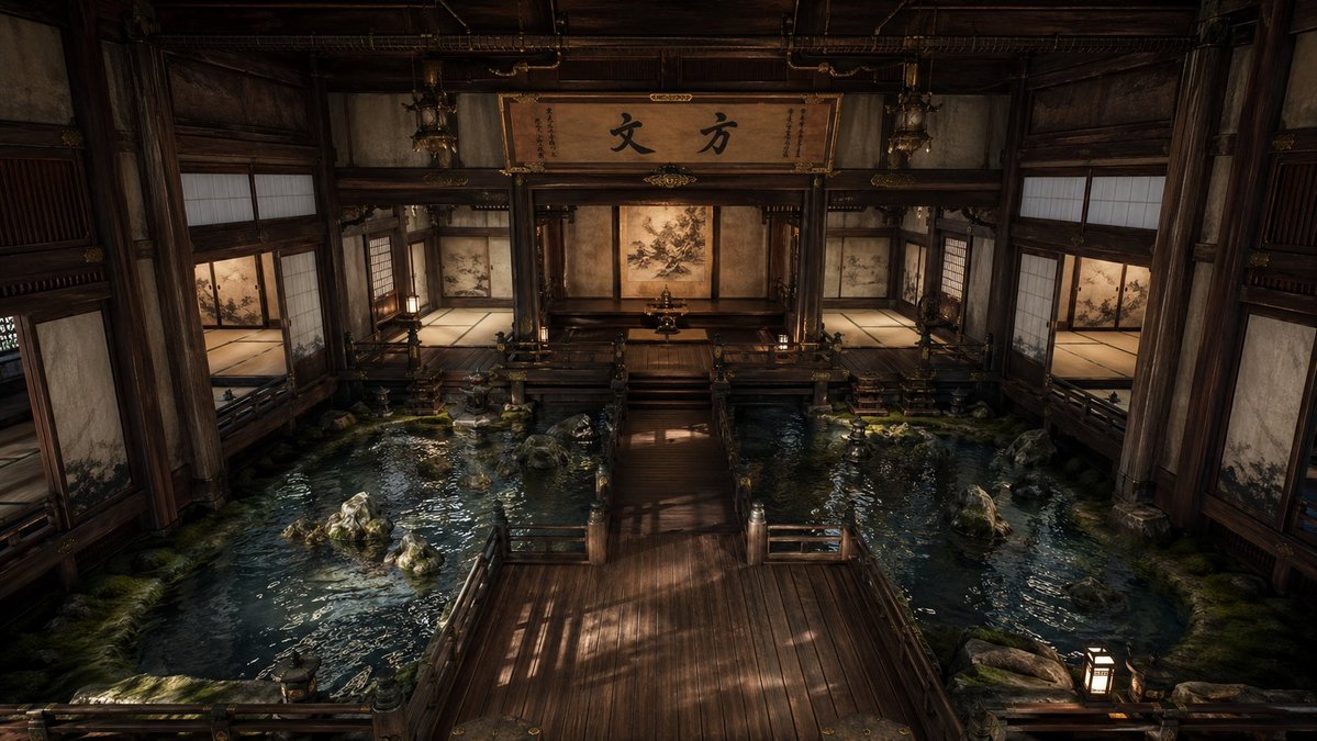 AI Prompt for Photorealistic Japanese Temple Hall Scene with Pools and Wooden Walkways