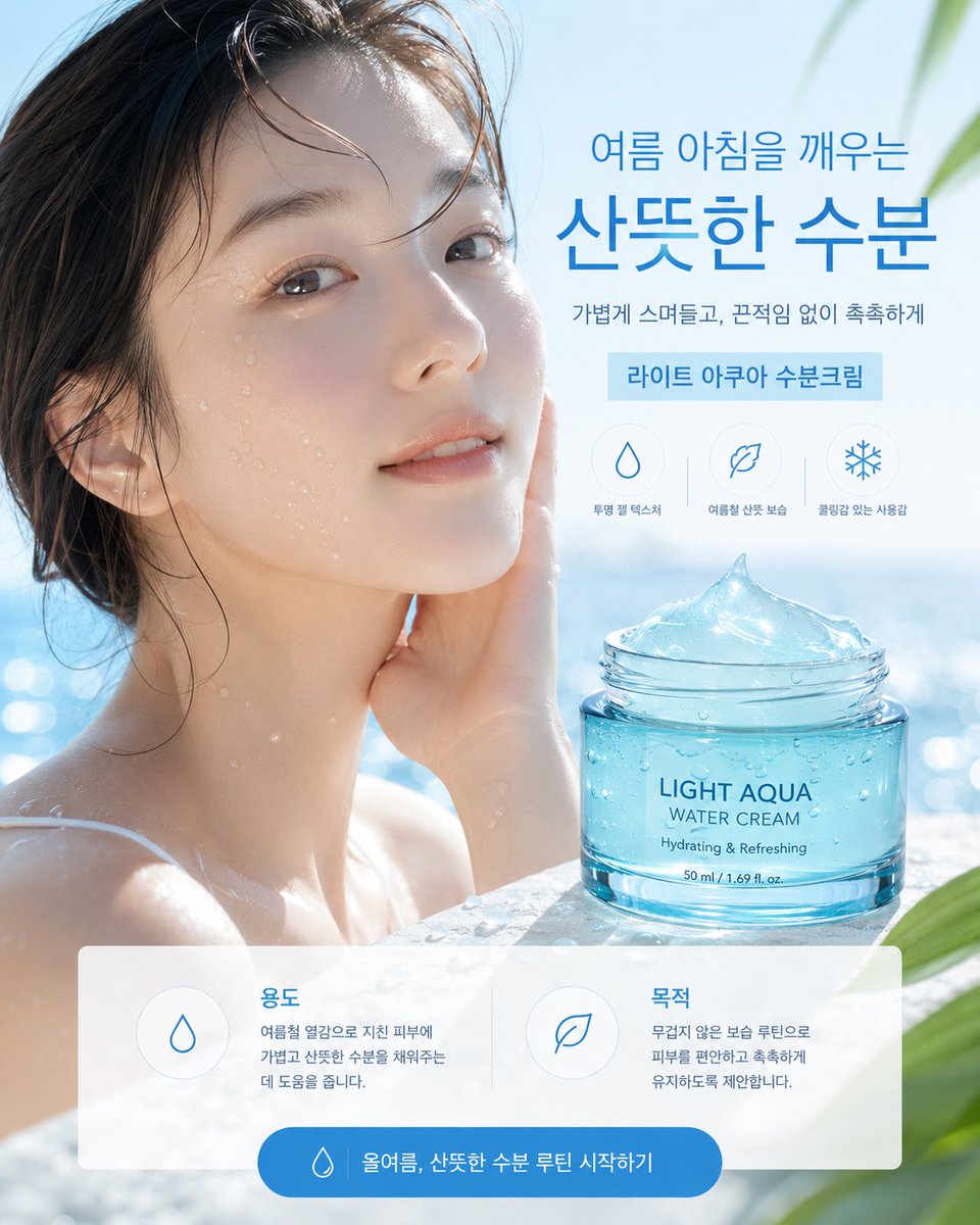AI Prompt for Photorealistic Korean Skincare Ad with Aqua Water Cream and Summer Pool Setting