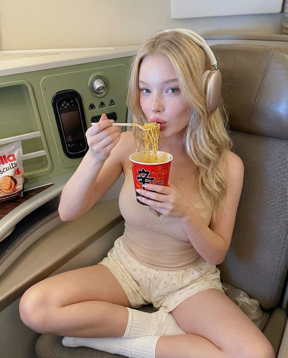 AI Prompt for Photorealistic Lifestyle Image: Woman Eating Noodles on Train