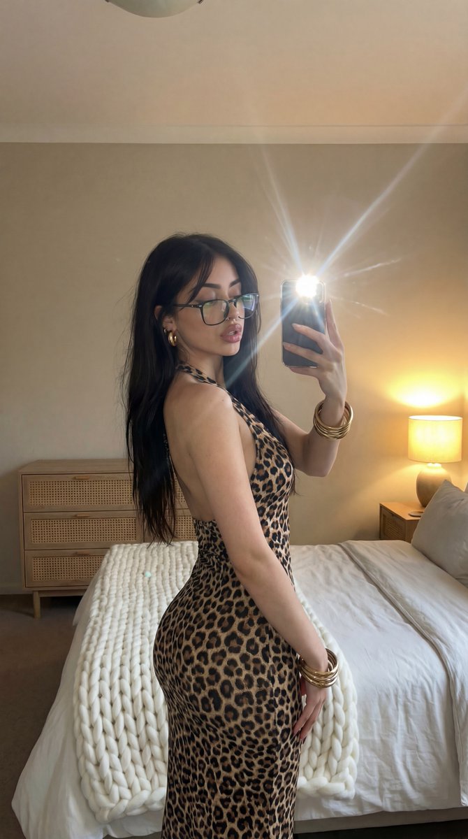 AI Prompt for Photorealistic Mirror Selfie in Leopard Print Dress