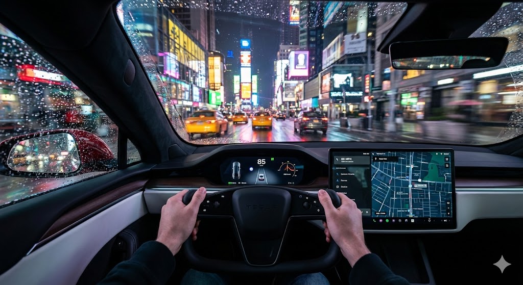 AI Prompt for Photorealistic Night Drive Scene: Tesla in Rainy Manhattan