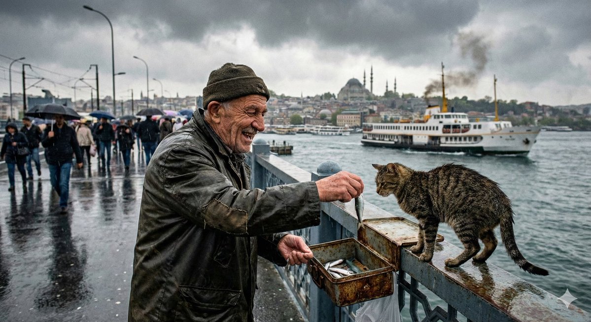 AI Prompt for Photorealistic Street Photography of Fisherman and Cat