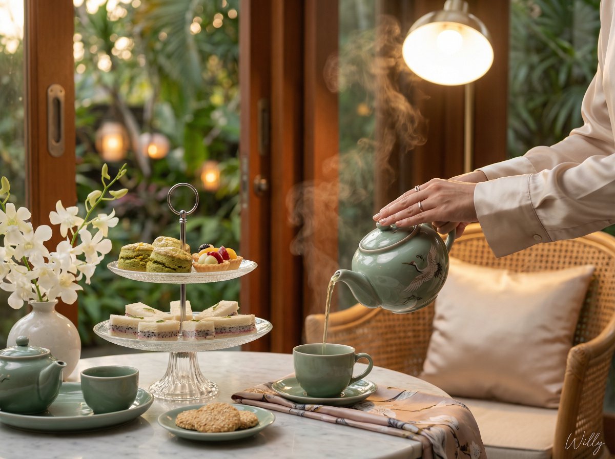 AI Prompt for Photorealistic Vietnamese Tea Scene with Asian Pastries