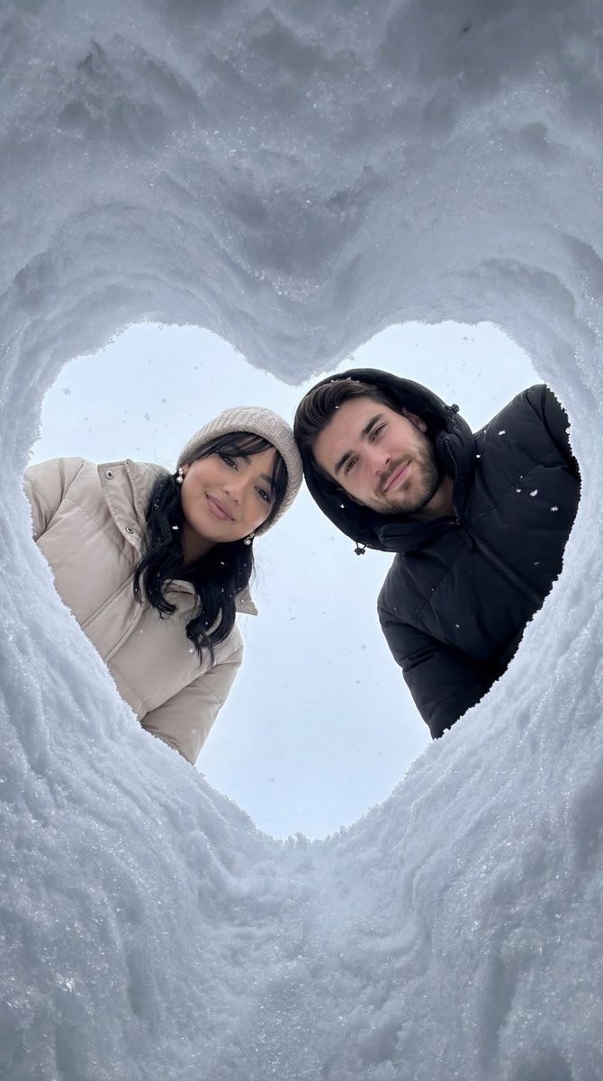 AI Prompt for Photorealistic Winter Couple Scene with Heart-Shaped Snow Frame